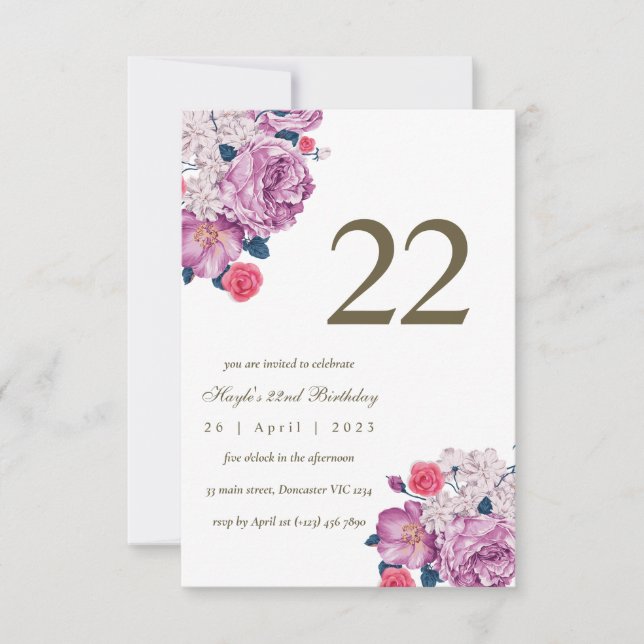 Invitación Morado Floral Botánica Simple Moda 22 cumpleaños (Anverso)