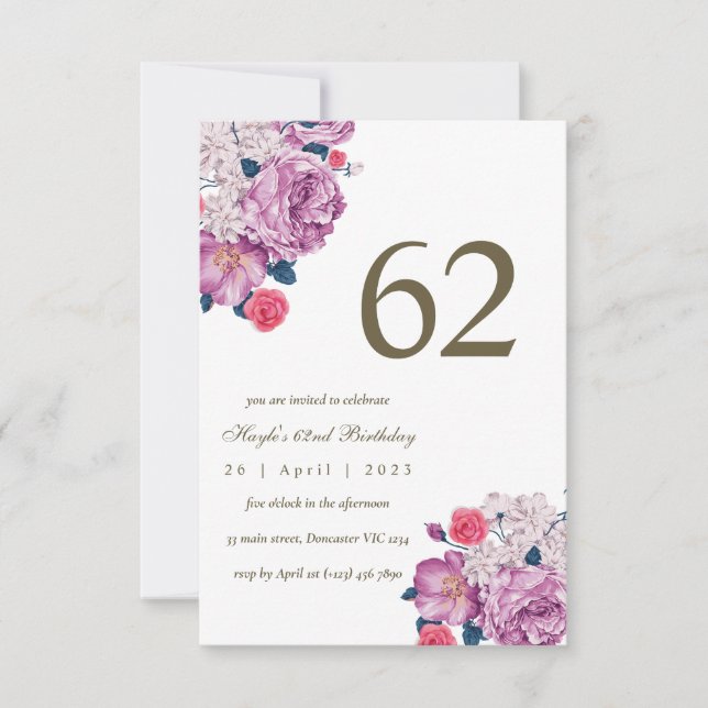 Invitación Morado Floral Botánica Simple Moda 62 cumpleaños (Anverso)