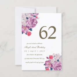 Invitación Morado Floral Botánica Simple Moda 62 cumpleaños