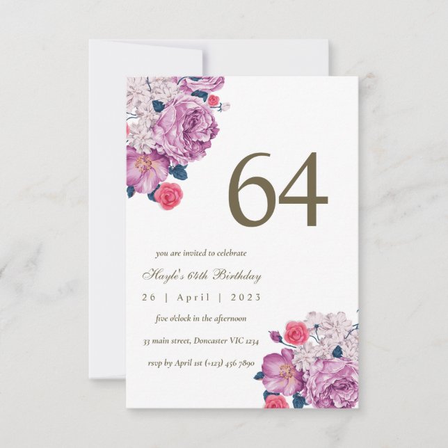 Invitación Morado Floral Botánica Simple Moda 64 cumpleaños (Anverso)