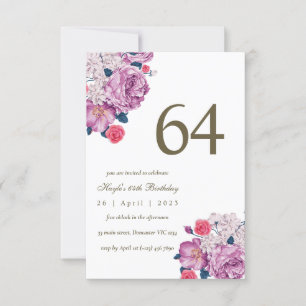 Invitación Morado Floral Botánica Simple Moda 64 cumpleaños