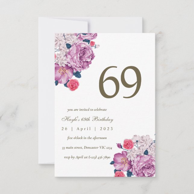 Invitación Morado Floral Botánica Simple Moda 69 cumpleaños (Anverso)