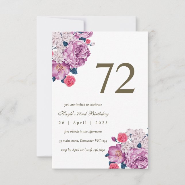 Invitación Morado Floral Botánica Simple Moda 72 cumpleaños (Anverso)