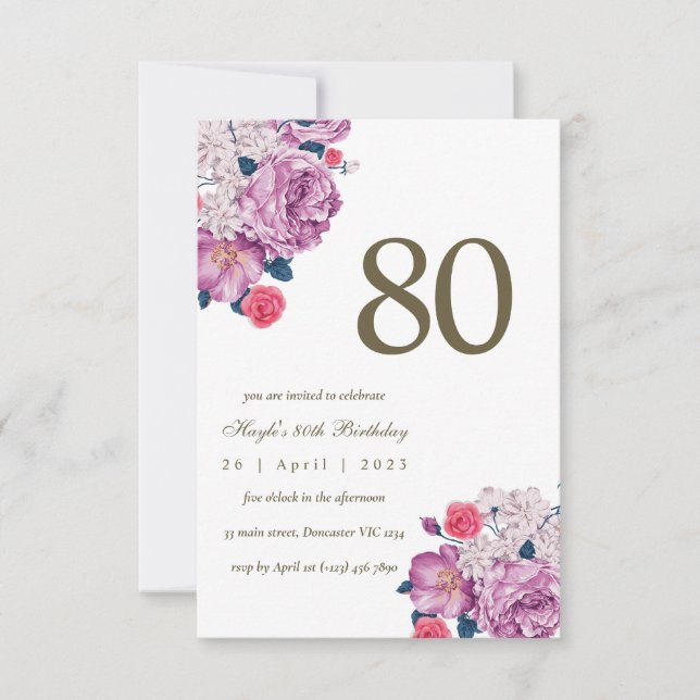 Invitación Morado Floral Botánica Simple Moda 80 cumpleaños (Anverso)