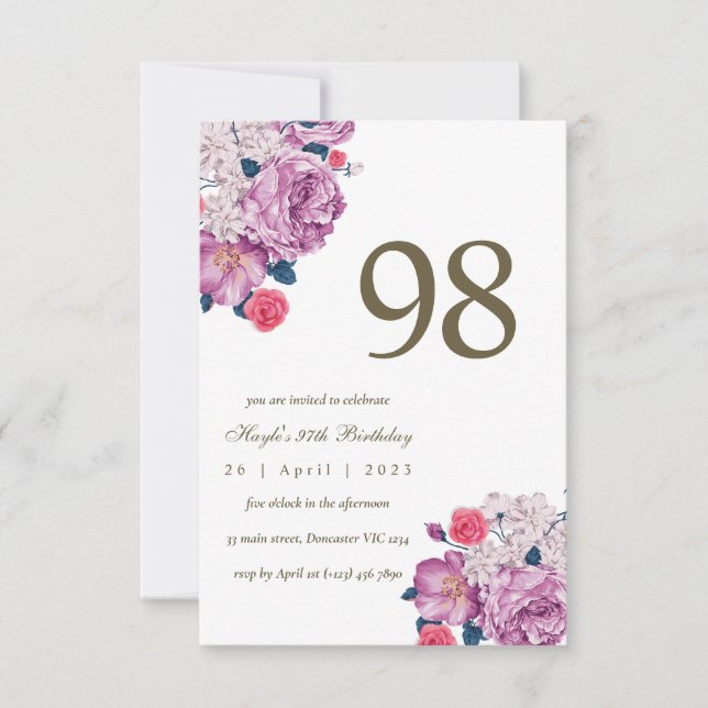 Invitación Morado Floral Botánica Simple Moda 98 cumpleaños (Anverso)