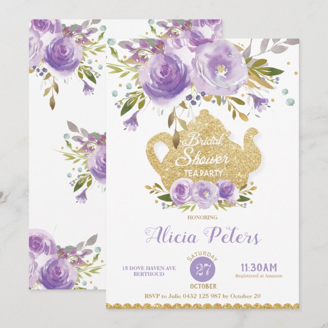 Invitación Morado Floral Bridal Shower High Tea Garden Fiesta (Anverso / Reverso)