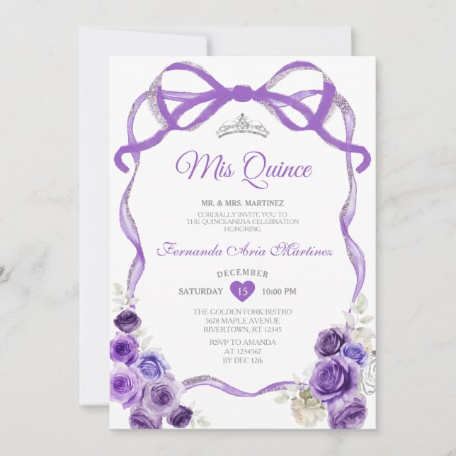 Invitación Morado Floral Cinta Cinta Plata Mi Quince (Anverso)