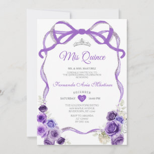 Invitación Morado Floral Cinta Cinta Plata Mi Quince