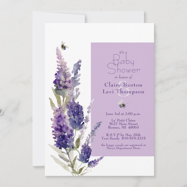 Invitación Morado floral de lavanda botánica de Baby Shower (Anverso)