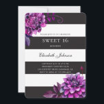 Invitación Morado floral dulce 16. Cumpleaños blanco y negro<br><div class="desc">Invitación de 16 años de dulce blanco y negro con flores moradas acuarelas. Por favor,  contáctame si necesitas artículos adicionales.</div>