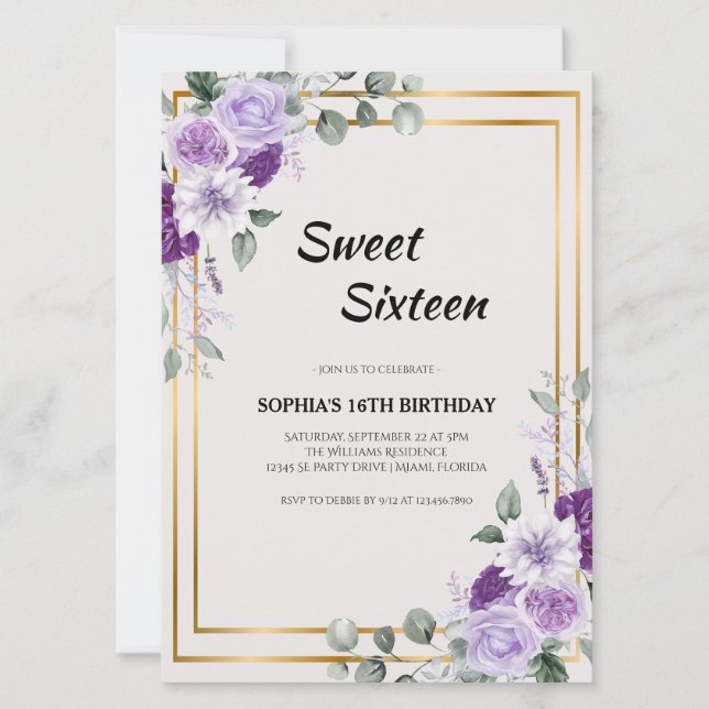 Invitación Morado Floral Dulce Dieciséis con marco dorado (Anverso)