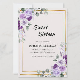 Invitación Morado Floral Dulce Dieciséis con marco dorado