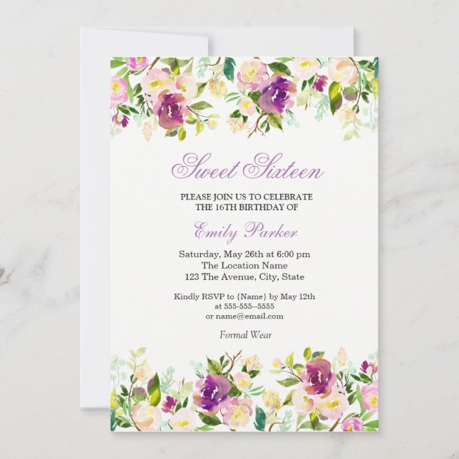 Invitación Morado Floral Elegante dulce Dieciséis Invitacione (Anverso)