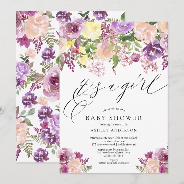 Invitación Morado Floral es un Baby Shower Chica (Anverso / Reverso)