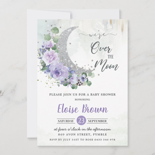 Invitación Morado Floral estamos sobre la luna Chica Baby Sho (Anverso)