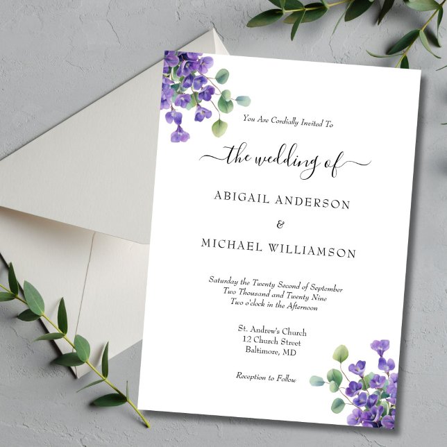 Invitación Morado Floral Eucalyptus Greenery Elegante Boda (Purple Floral Eucalyptus Watercolor Elegant Wedding invitation)