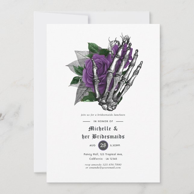 Invitación Morado Floral Gótica Skulls Bridesmaids Luncheon (Anverso)