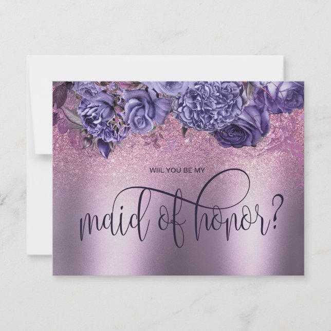 Invitación Morado Floral Gótico, ¿serás mi criada de honor? (Anverso)