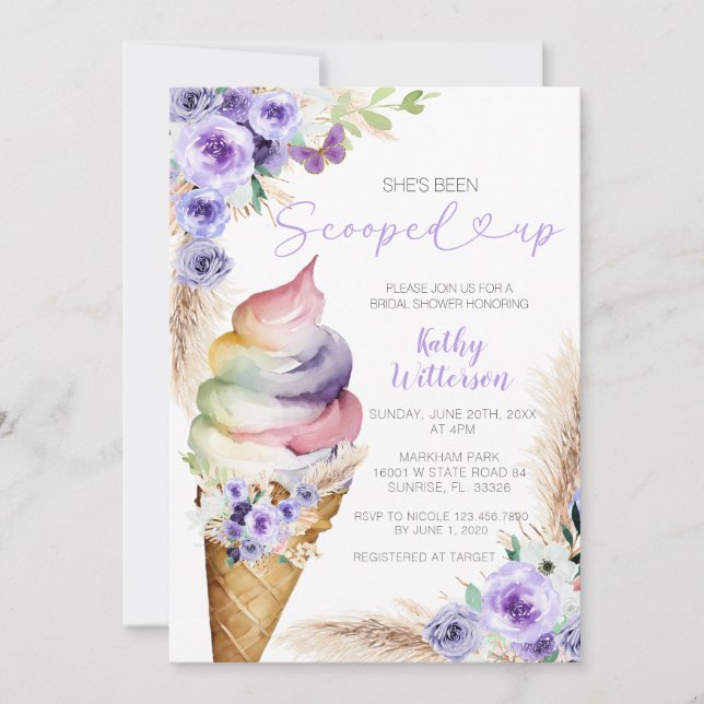 Invitación Morado Floral Helado Crema Británica Ducha (Anverso)