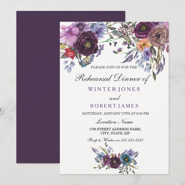 Invitación Morado Floral Invierno Ensayo Cena (Anverso / Reverso)