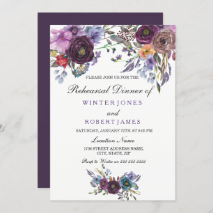 Invitación Morado Floral Invierno Ensayo Cena