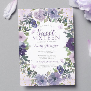 Invitación Morado Floral Mariposa Dorada Dulce 16