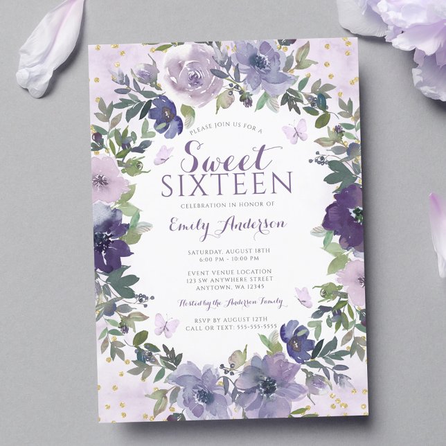 Invitación Morado Floral Mariposa Dorada Dulce 16 (Subido por el creador)