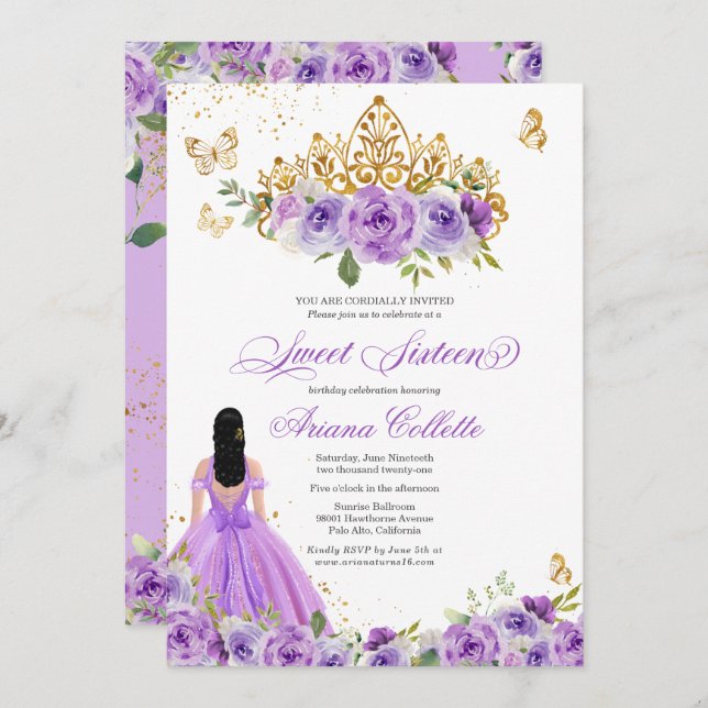 Invitación Morado Floral Mariposa dulce 16 cumpleaños adolesc (Anverso / Reverso)