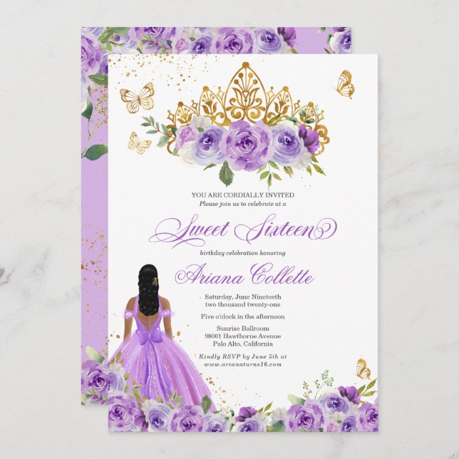 Invitación Morado Floral Mariposa Dulce Dieciséis Cumpleaños  (Anverso / Reverso)