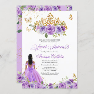 Invitación Morado Floral Mariposa Dulce Dieciséis Cumpleaños
