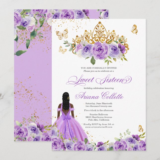 Invitación Morado Floral Mariposa Dulce Dieciséis Cumpleaños (Anverso / Reverso)