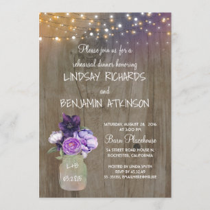 Invitación Morado Floral Mason Jar Rústico Ensayo Cena