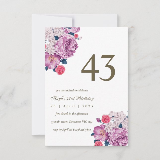 Invitación Morado Floral Moda simple botánica 43 cumpleaños (Anverso)