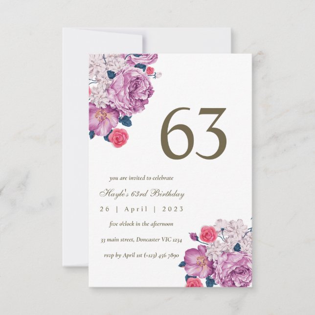 Invitación Morado Floral Moda simple botánica 63 cumpleaños (Anverso)