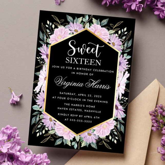 Invitación Morado Floral Negro Dulce Dieciséis Cumpleaños (Subido por el creador)