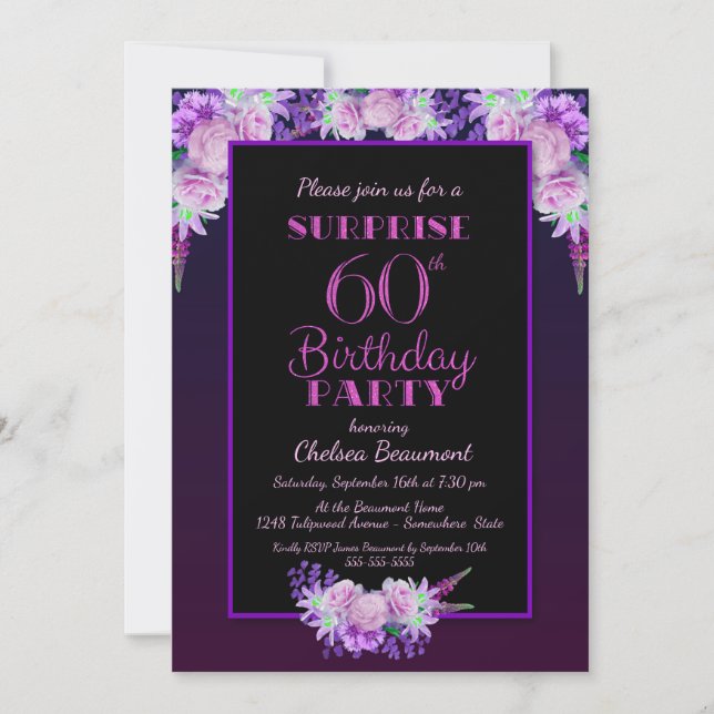 Invitación Morado Floral Negro Sorpresa 60 cumpleaños fiesta (Anverso)