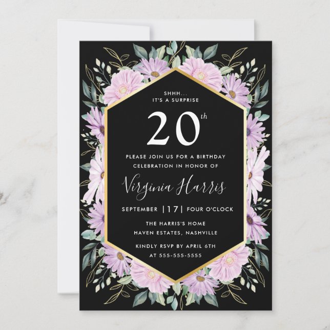 Invitación Morado Floral Negro Veinte años (Anverso)