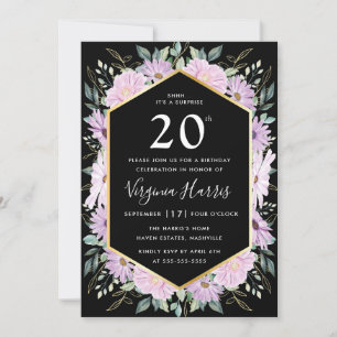 Invitación Morado Floral Negro Veinte años