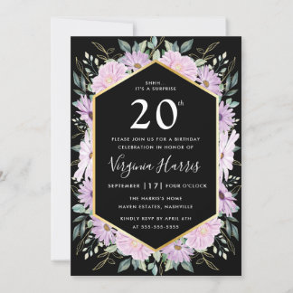 Invitación Morado Floral Negro Veinte años