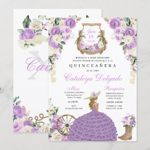 Invitación Morado Floral Occidental Mariachi Charro Quinceañe