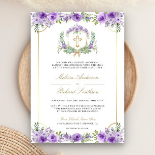 Invitación Morado Floral Oro Católico Cruz QR Código Boda