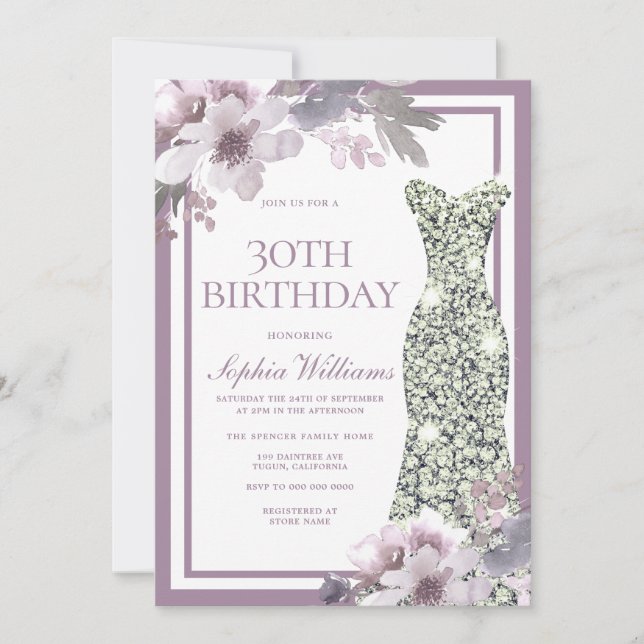 Invitación Morado Floral Plata Diamante Vestido 30 cumpleaños (Anverso)