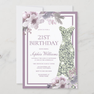 Invitación Morado Floral Plata Vestido de Diamante 21 cumplea
