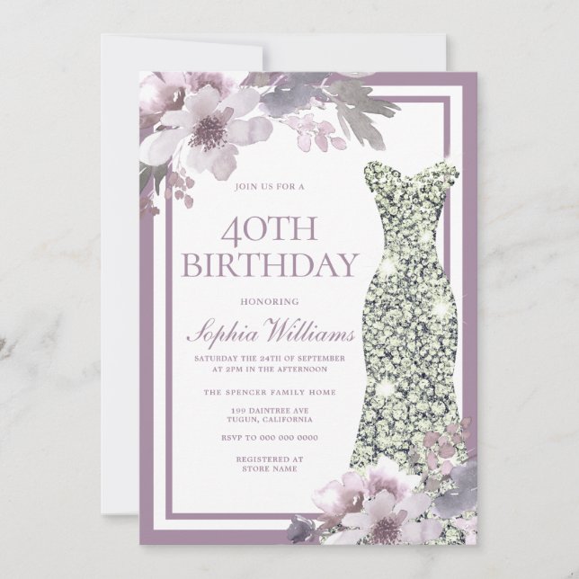 Invitación Morado Floral Plata Vestido de Diamante 40 cumplea (Anverso)