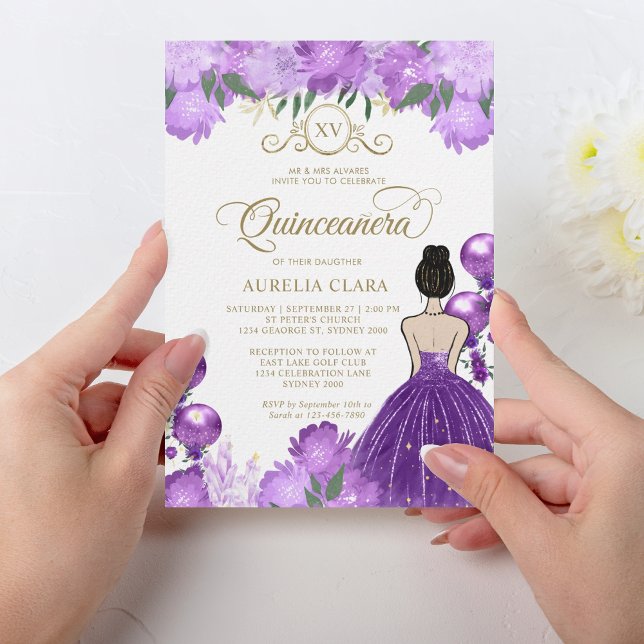 Invitación Morado floral Princesa XV Quinceañera Cumpleaños (Subido por el creador)
