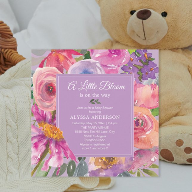 Invitación Morado Floral Rosa Pequeño Bloom Baby Shower (Pink and purple watercolor floral baby girl "A little bloom is on the way" baby shower invitation)
