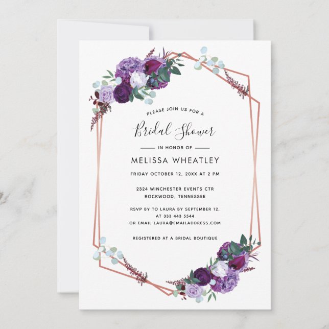 Invitación Morado Floral Script ducha de novia geométrica (Anverso)