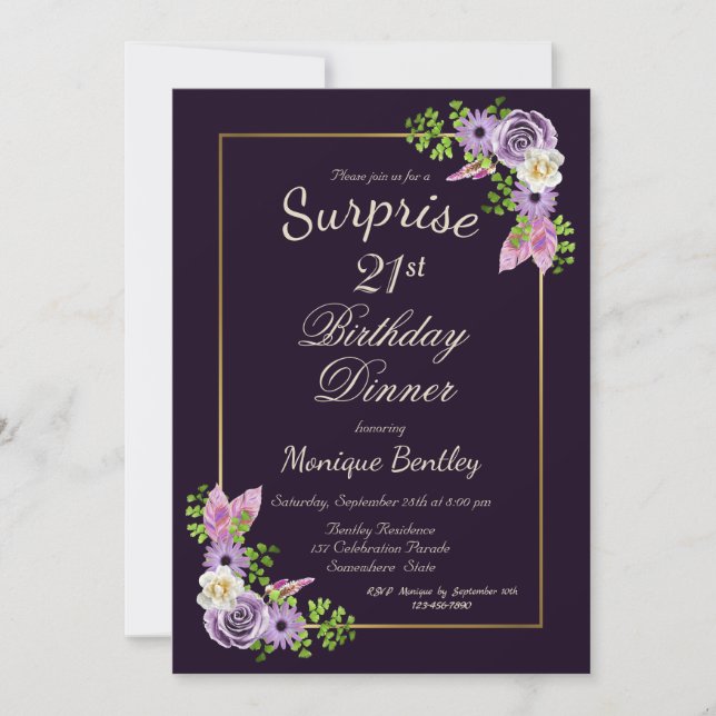 Invitación Morado Floral Sorpresa 21ª cena de cumpleaños (Anverso)