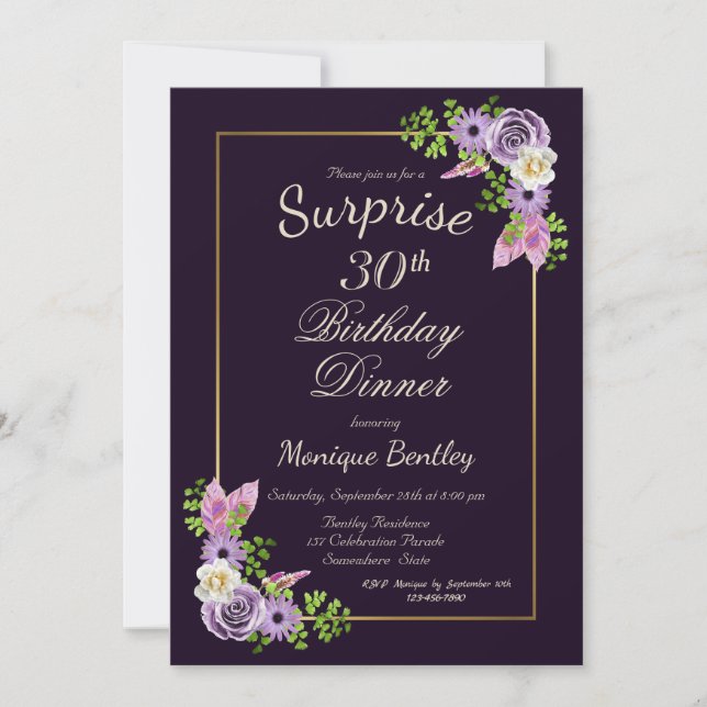 Invitación Morado Floral Sorpresa 30 cumpleaños cena (Anverso)
