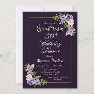 Invitación Morado Floral Sorpresa 30 cumpleaños cena